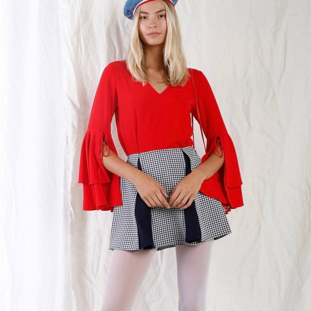 Navy & Cream Houndstooth Print Pleated High Waist
